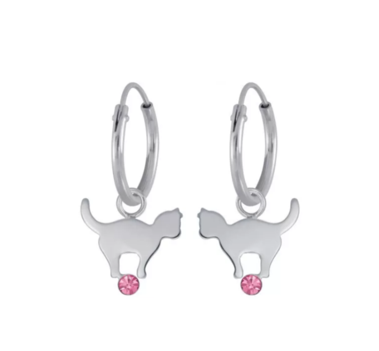 A pair of sterling silver sleepers with cat charms and pink cz on a white background