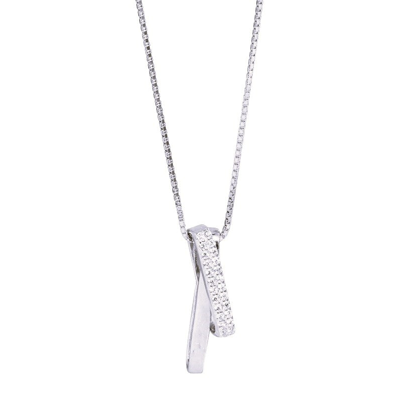 Sterling silver criss-cross bar pendant necklace displayed as a flat lay on a plain white background, showing its fine box chain and minimalist design
