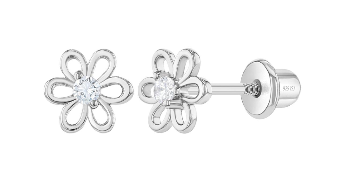 Children's Earrings: Sterling Silver/Purple CZ Flower Screw Back Earrings