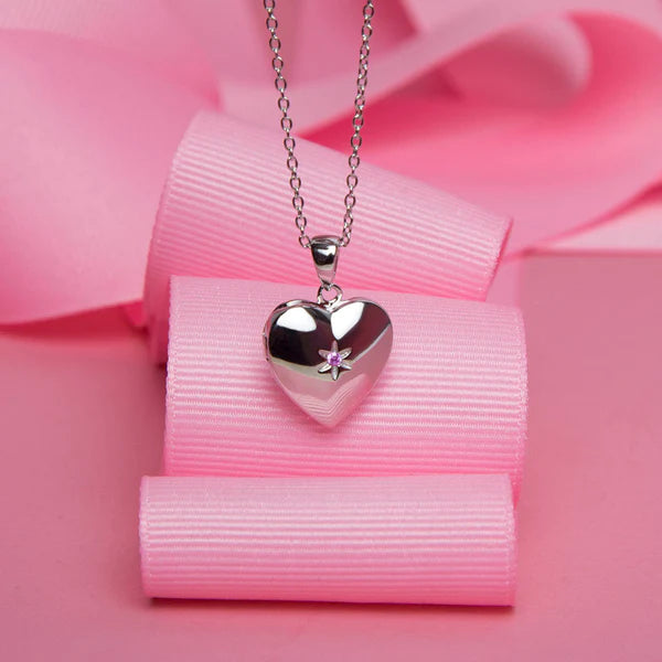 Children's Necklaces:  Sterling Silver, Pink CZ Star Heart Locket Necklaces 16"
