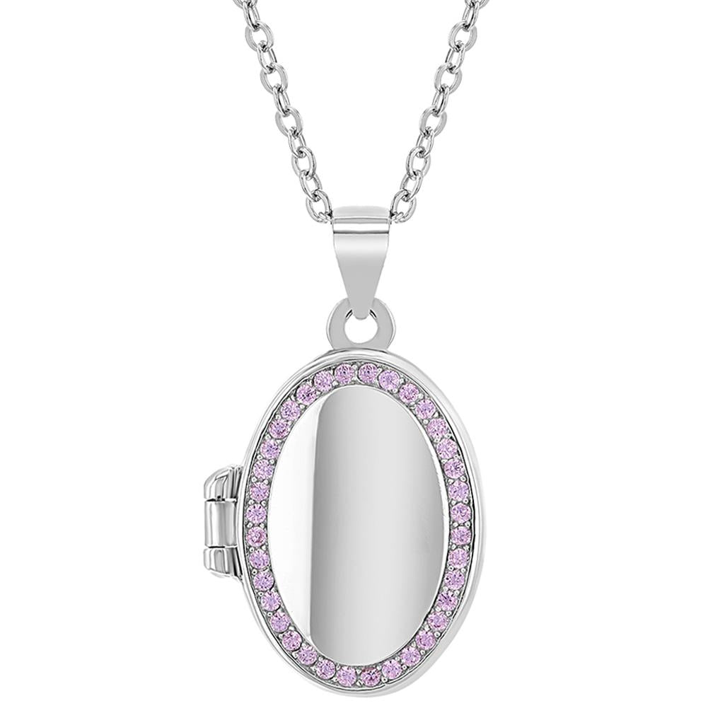 Children's Necklaces: Sterling Silver, Oval, Pale Pink CZ Locket Necklaces 16"