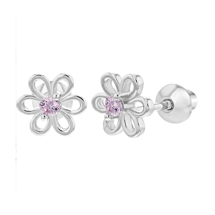Children's Earrings: Sterling Silver/Purple CZ Flower Screw Back Earrings