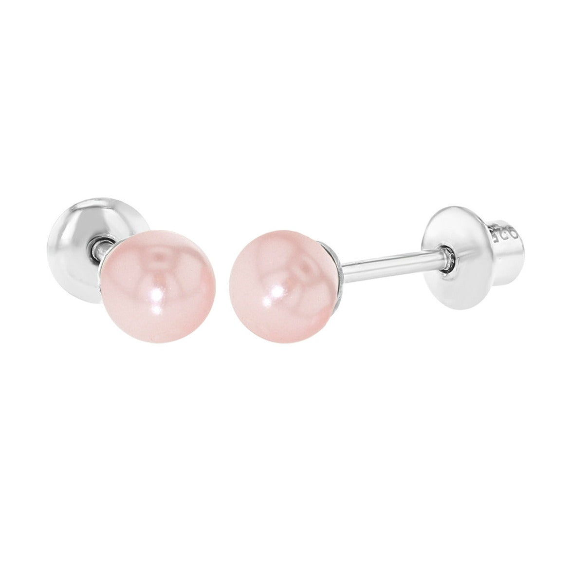 Baby and Children's Earrings:  Sterling Silver, Pale Pinky Pearl Safety Screw Backs 4mm