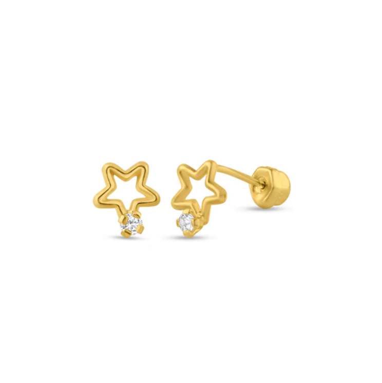 Baby Earrings: 14k Solid Gold Open Star with AAA CZ with Screw Backs