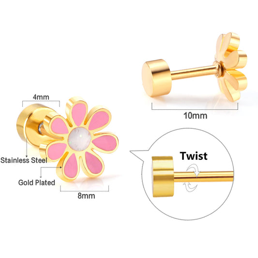 Children's earrings featuring gold plated daisy stud design with pink enamel, perfect for kids and teens.