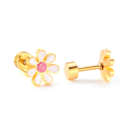 A pair of children's earrings featuring gold-colored screw back closures with white flowers with pink glitter enamel centers.