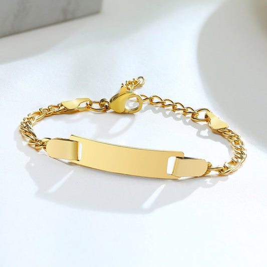 gold plated stainless steel baby bracelet with name plate