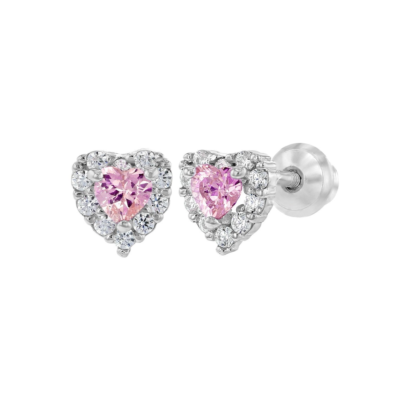 A pair of sterling silver heart earrings with pink and clear cubic zirconia stones and screw back closures for babies and children.