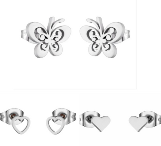 Children's Earrings:  Surgical Steel Hearts and Butterflies x 3 Pair Set # 14