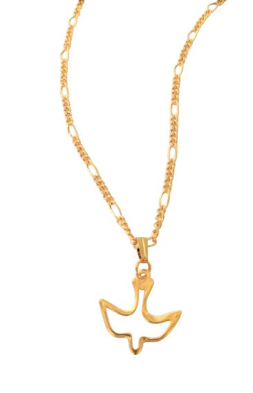 gold plated stainless steel swallow pendant with figaro chain necklace on a white background