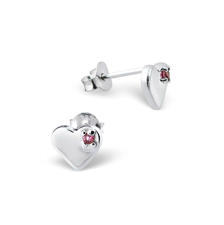 Children's Earrings:  Sterling Silver with Pink Tourmaline CZ Heart Earrings