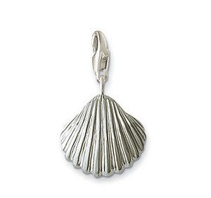 A silver-plated seashell charm with a lobster claw attachment, designed for use in charm bracelets.