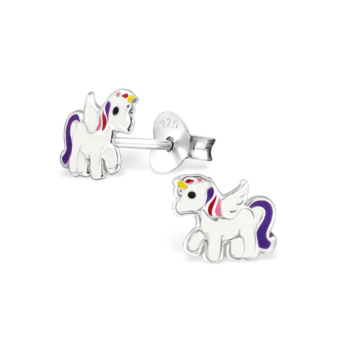 Children's Unicorn Earrings - Sterling Silver Pegasus Studs White & Purple
