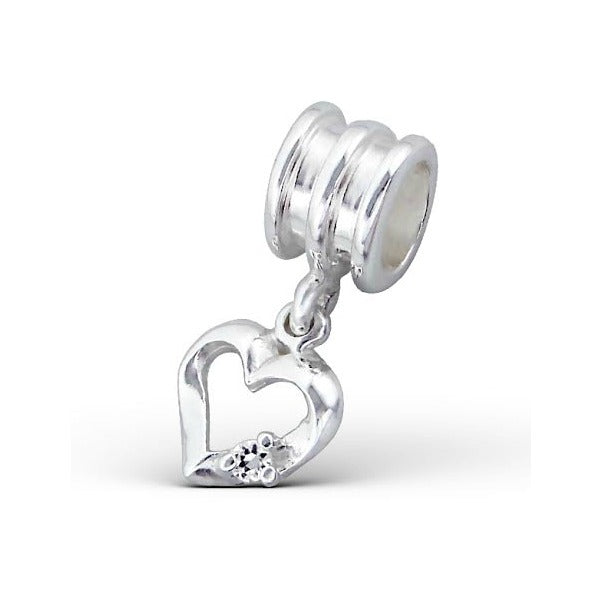 Children's European Beads: Sterling Silver Hanging Heart with CZ