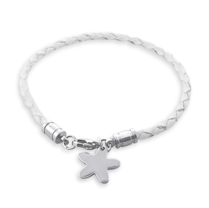 Children's Bracelets: Surgical Steel and White, Woven Leather with Charm