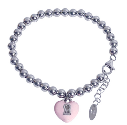 Children's Bracelets:  Sterling Silver Ball Bracelets with Pink Enamel Heart with Lock