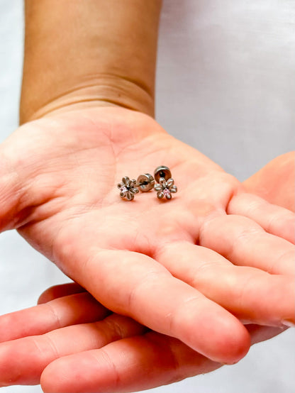 Children's Earrings: Surgical Steel Pink CZ Flower Stud Earrings with Screw Backs