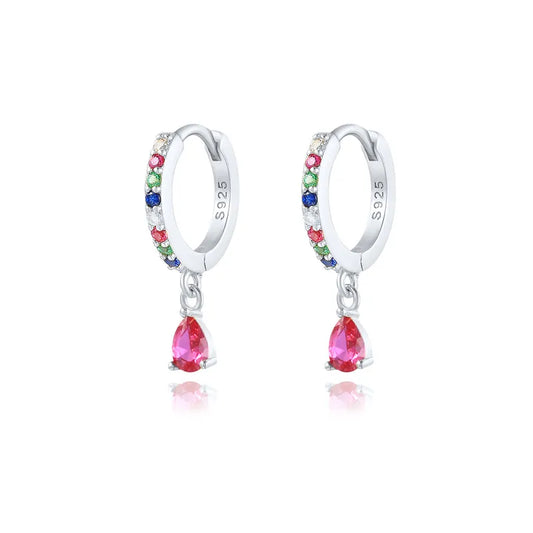 Children's Earrings:  Sterling Silver, Platinum Plated huggies with Ruby Tear Drop CZ