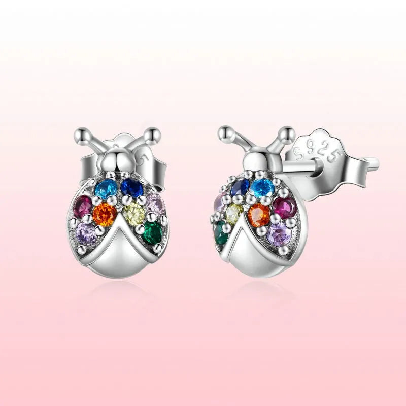 Children's Earrings:  Sterling Silver Multicoloured CZ Ladybugs with Push Backs
