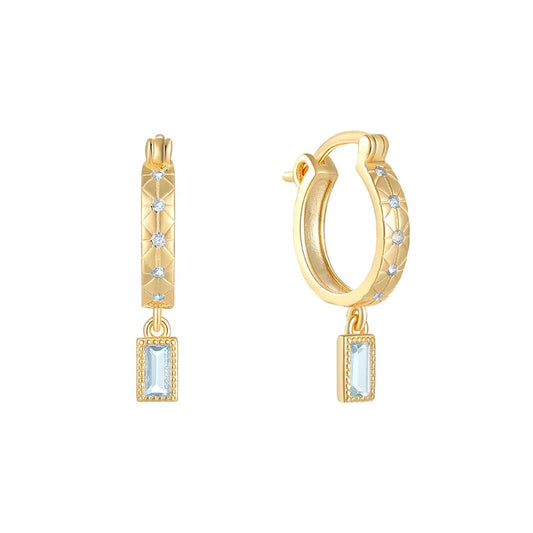 Children's Earrings:  18k Gold over Sterling Silver with Blue CZ inlaid Huggies with Rectangle CZ Dangle