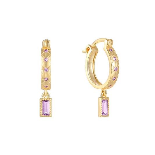 Children's Earrings:  18k Gold over Sterling Silver with Lavender CZ inlaid Huggies with Rectangle CZ Dangle