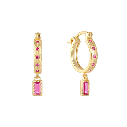 Children's Earrings:  18k Gold over Sterling Silver with Ruby CZ inlaid Huggies with Rectangle CZ Dangle