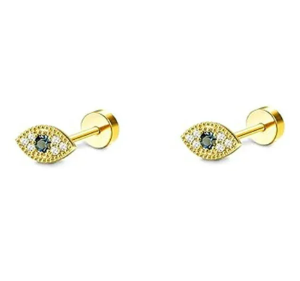 Children's Teens' and Mothers' Earrings:  Surgical Steel with Gold IP Evil Eye Earrings with Screw Backs