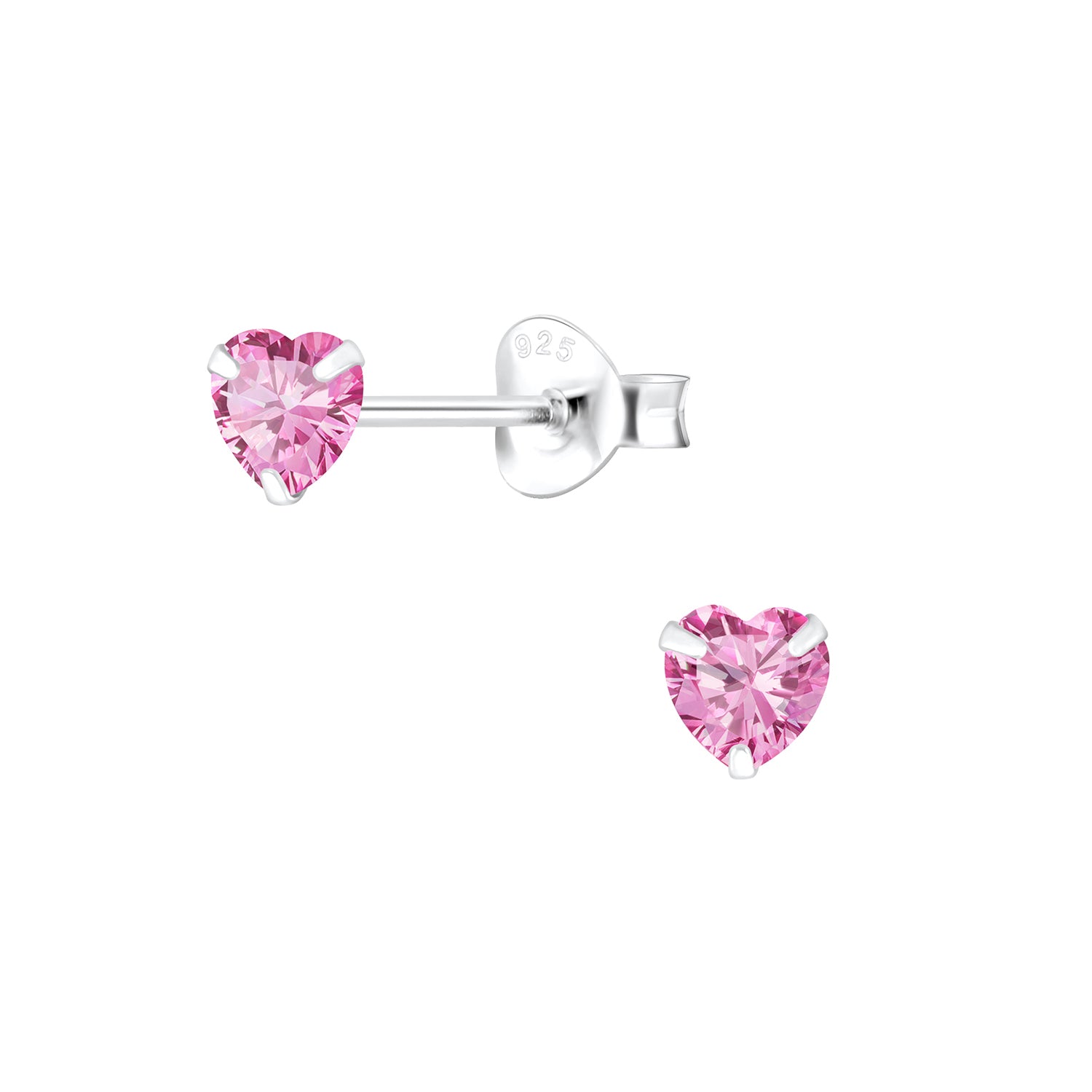 Heart stud earrings featuring 4mm pink CZ stones in 925 sterling silver setting, perfect for children's jewelry.