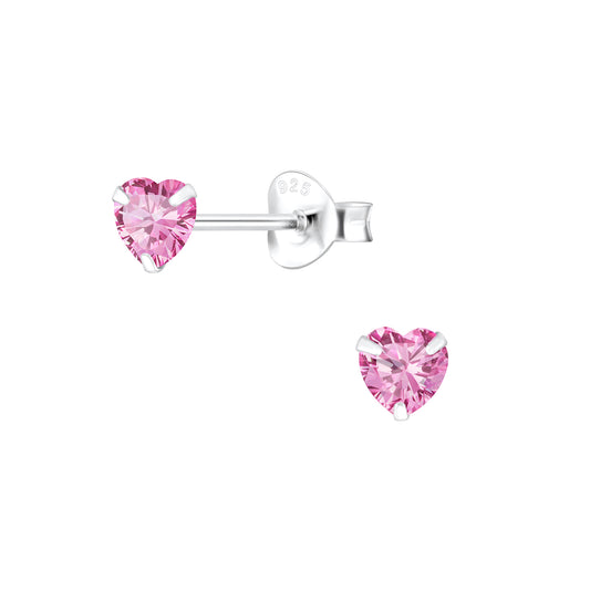 Heart stud earrings featuring 4mm pink CZ stones in 925 sterling silver setting, perfect for children's jewelry.