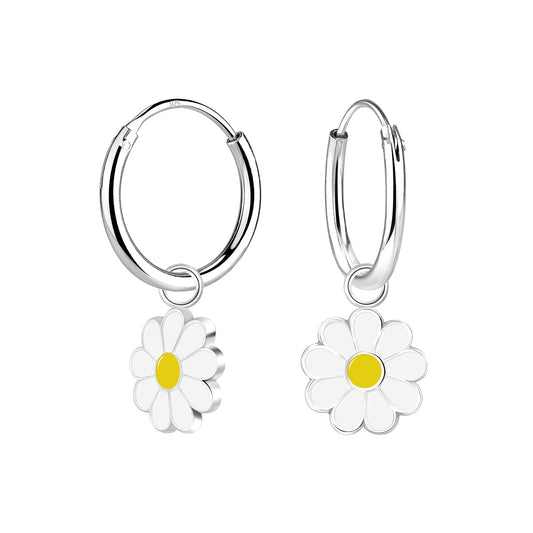 Daisy hoop earrings featuring 925 sterling silver and white yellow enamel charms, perfect for everyday wear.