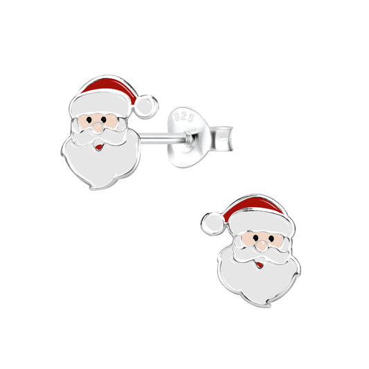 Christmas earrings featuring sterling silver Santa Claus stud designs with red accents and secure push backs.