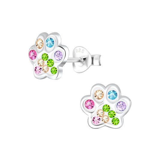 Paw print earrings in sterling silver with rainbow CZ crystals, featuring 8x8mm stud designs for animal lovers.