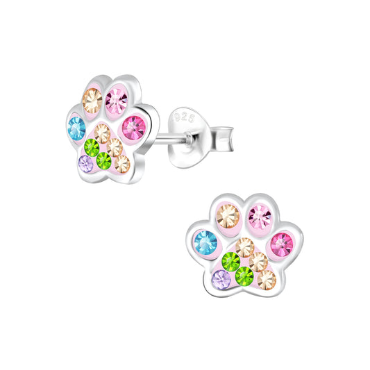 Sterling silver sleeper earrings featuring rainbow CZ paw prints designed for children, perfect for pet lovers.
