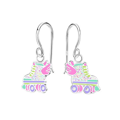Children's Earrings:  Sterling Silver Hook Earrings with Glitter Enamel Skates with Wings