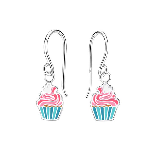 Children's Earrings:  Sterling Silver Hook Earrings with Pink/Blue Cupcakes