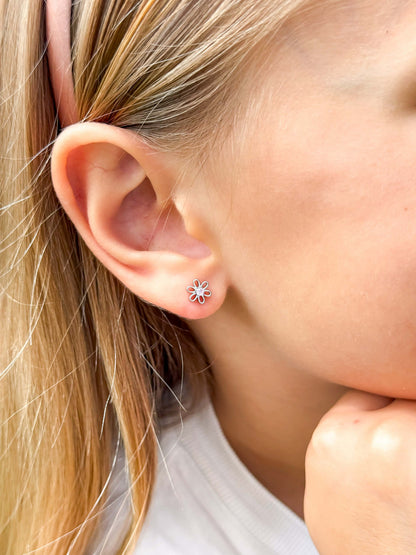 Children's Earrings: Surgical Steel Pink CZ Flower Stud Earrings with Screw Backs