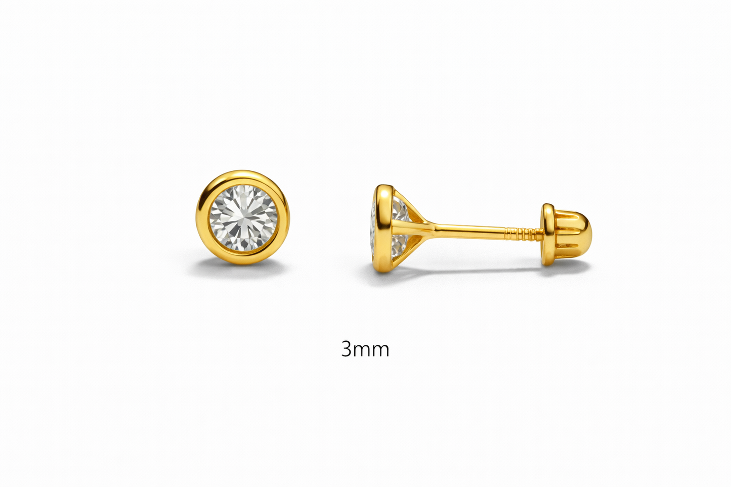 Baby earrings – 14k solid gold bezel set round CZ screw back studs 3mm for toddlers and young children.