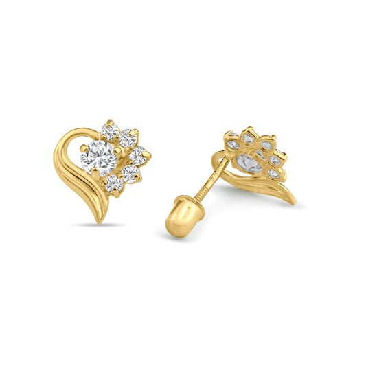 Childrens' and Teens' Earrings:  14k Gold Premium CZ Flowers on Hearts with Screw Backs and Gift Box