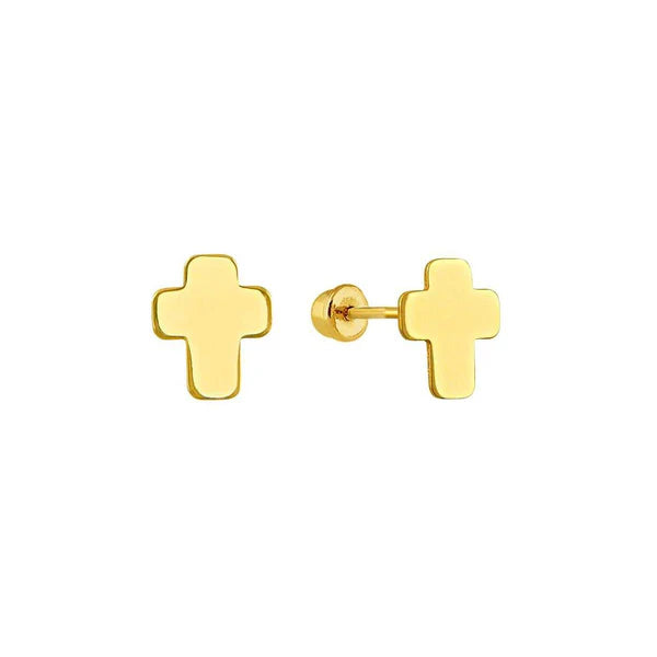 Children's earrings – Solid 14k yellow gold wide cross screw back stud earrings for kids.