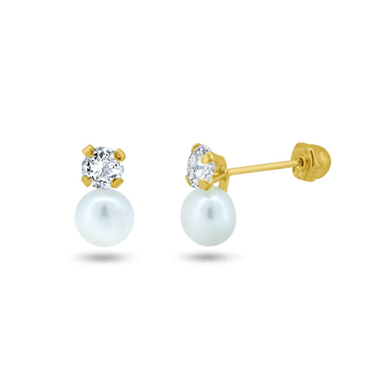 Children's Earrings:  14k Gold AAA 3mm CZ Attached to 4mm Pearl with Screw Backs and Gift Box