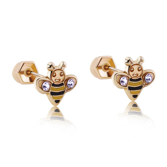 Children's earrings featuring 14k yellow gold honey bee design with CZ stones and secure screw backs.