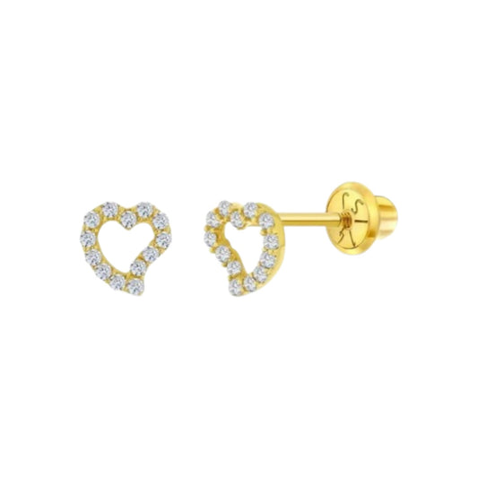 A pair of 14k gold heart-shaped earrings with clear cubic zirconia stones, designed for babies and children, with screw back closures.