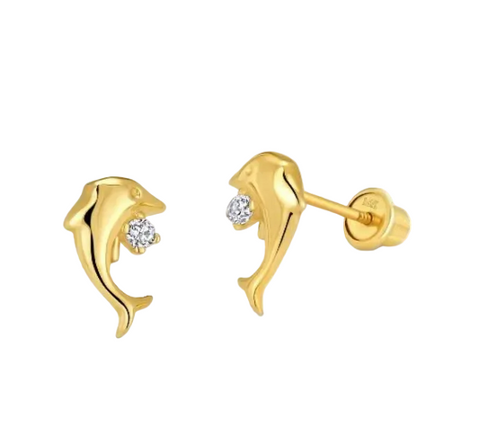 Children's earrings – 14k solid gold dolphin CZ screw back earrings with sparkling detail.