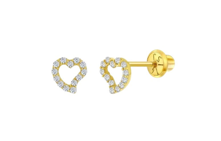 A pair of 14k gold heart-shaped earrings with clear cubic zirconia stones, designed for babies and children, with screw back closures.