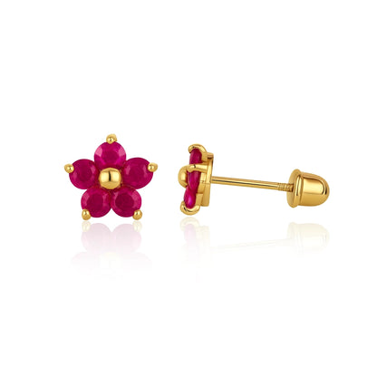 14K Gold Flower Earrings in yellow gold with ruby pink cubic zirconia petals and screw backs