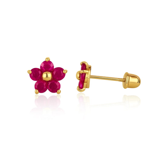 14K Gold Flower Earrings in yellow gold with ruby pink cubic zirconia petals and screw backs