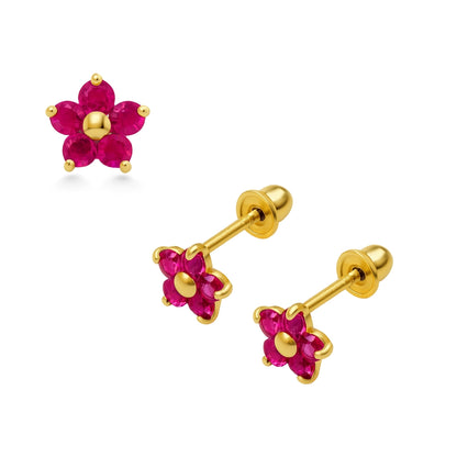 14K Gold Flower Earrings with ruby pink cubic zirconia petals and screw backs on a white background with a close up zoom in on the flower