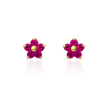 14K Gold Flower Earrings with ruby pink cz on a white background