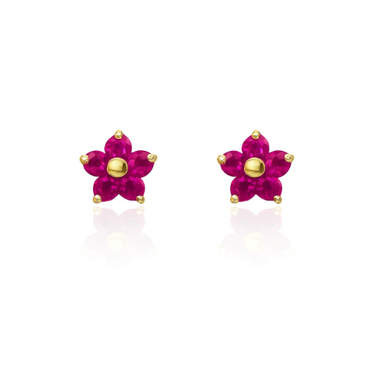 14K Gold Flower Earrings with ruby pink cz on a white background