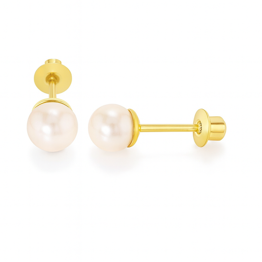 A pair of 14k gold vermeil (over sterling silver) 4mm white pearl stud earrings with screw backs on a white 